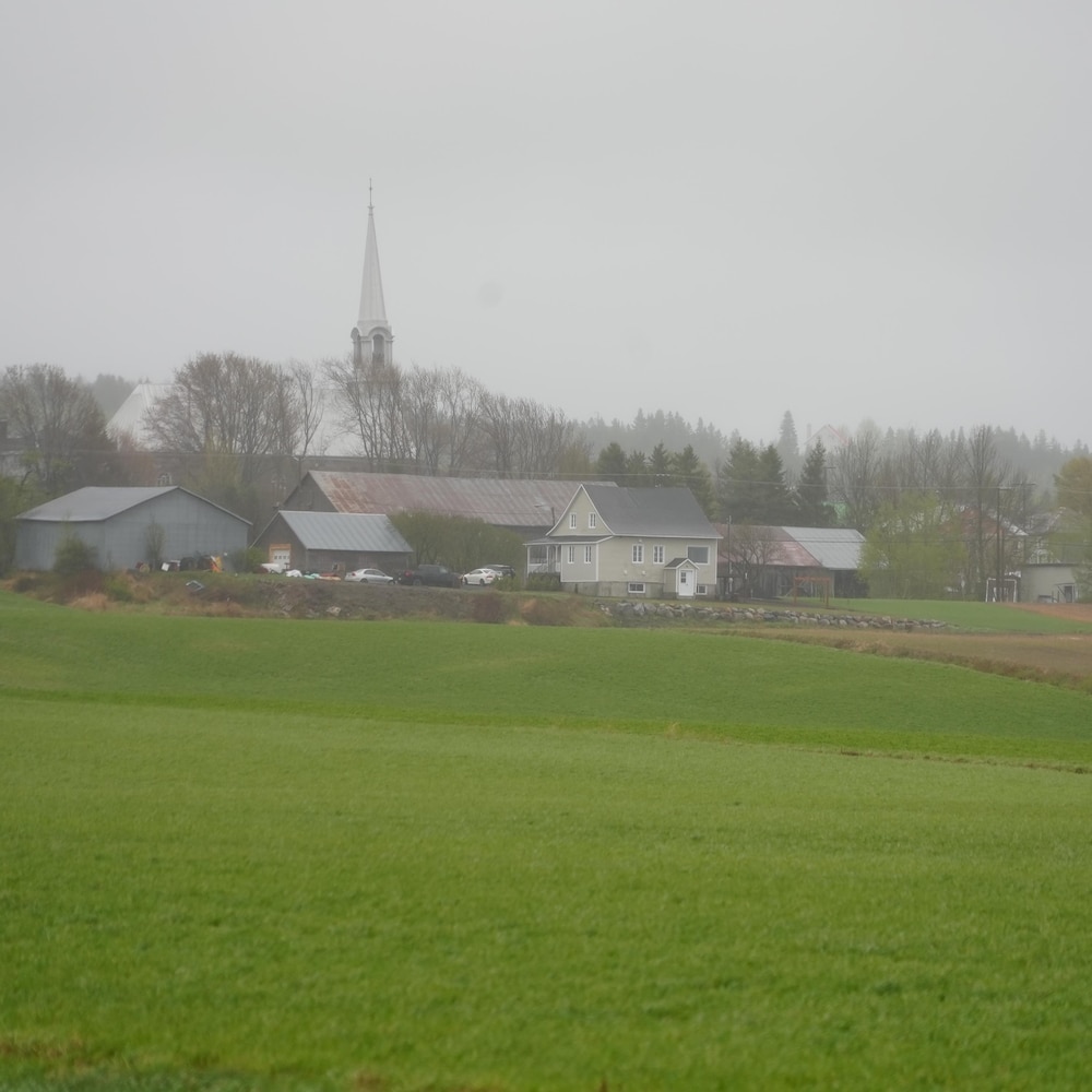 Un petit village devant un champs d'herbe et une église en arrière-plans sous un ciel gris. 
