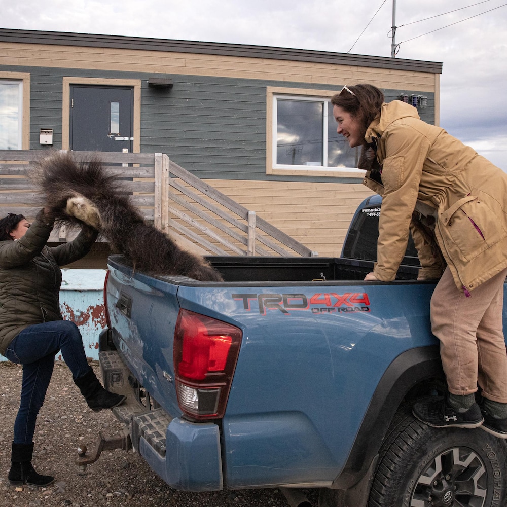 Rachel est debout sur un pneu arrière de la camionnette tandis que Mary tire sur la peau pour la sortir du coffre.