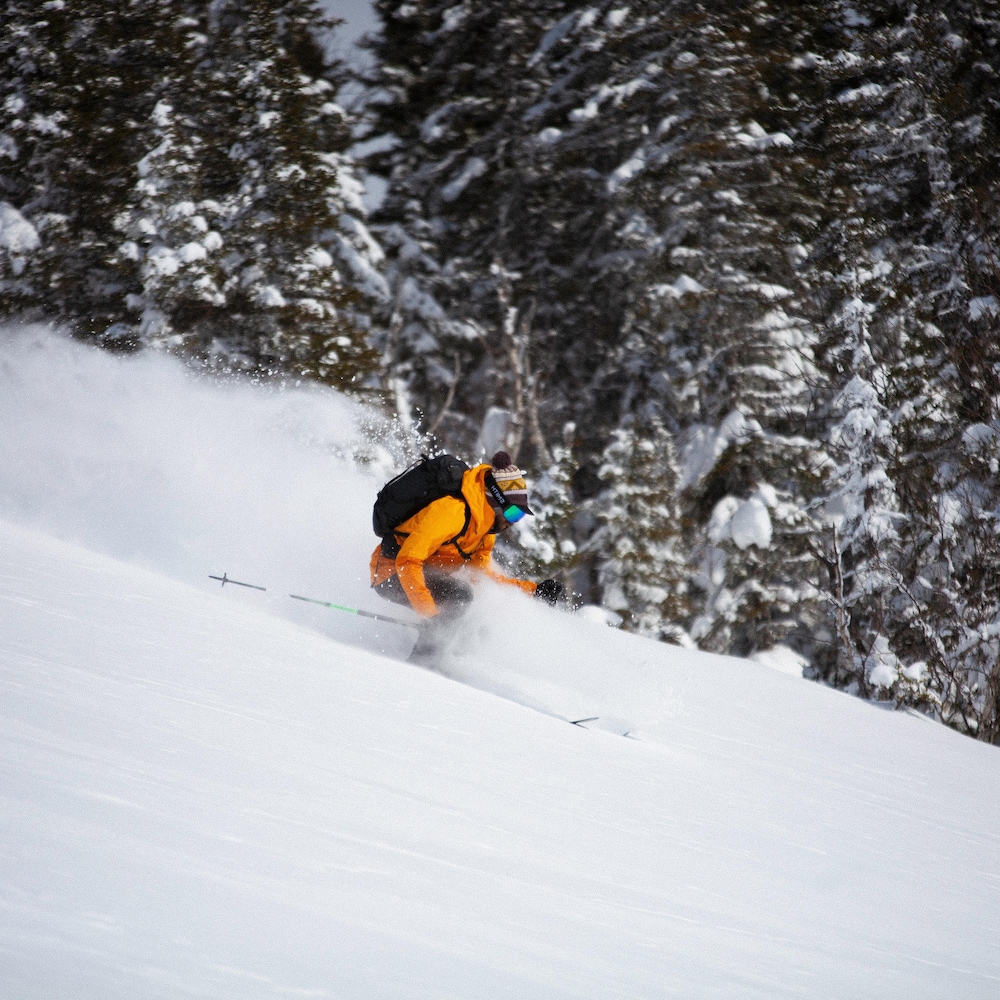 Un skieur en ski alpin descend une pente en hiver