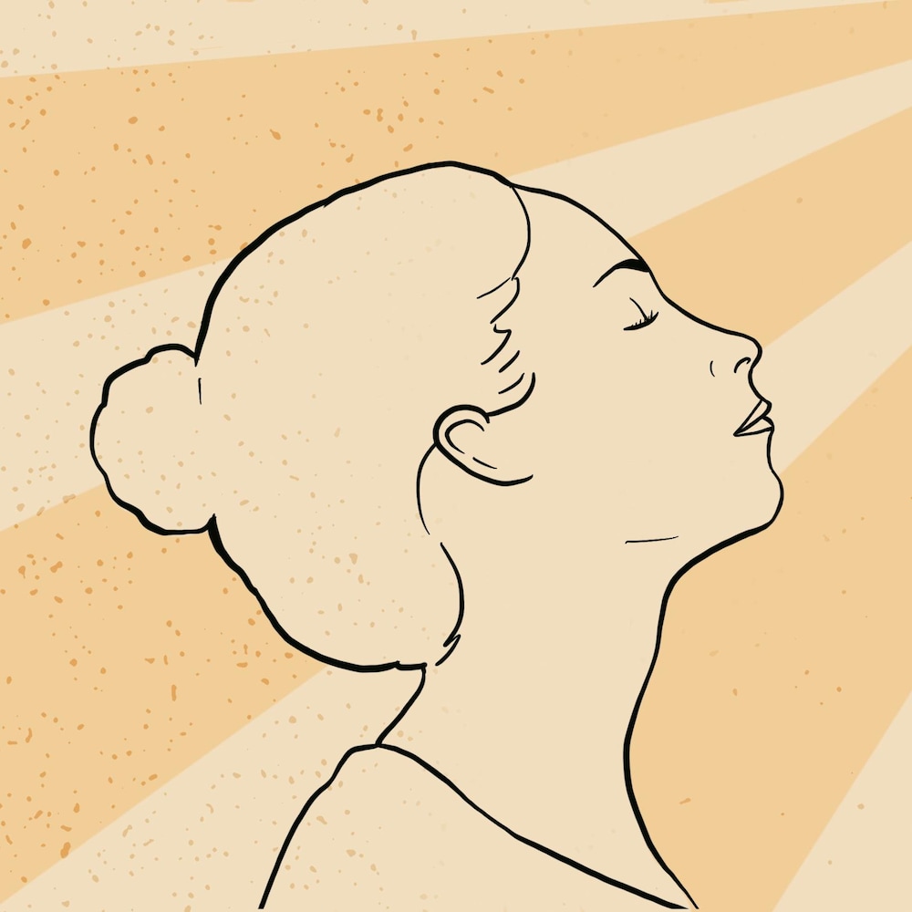 Illustration de la silhouette d'une femme, les yeux fermés, qui regarde vers le haut. Des rayons de lumière proviennent du coin droit supérieur de l'image.