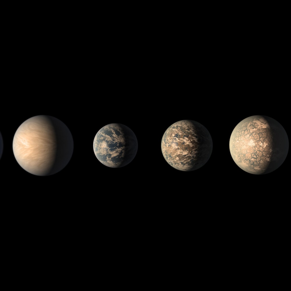 Illustration artistique montrant ce à quoi pourrait ressembler les planètes du système TRAPPIST-1 