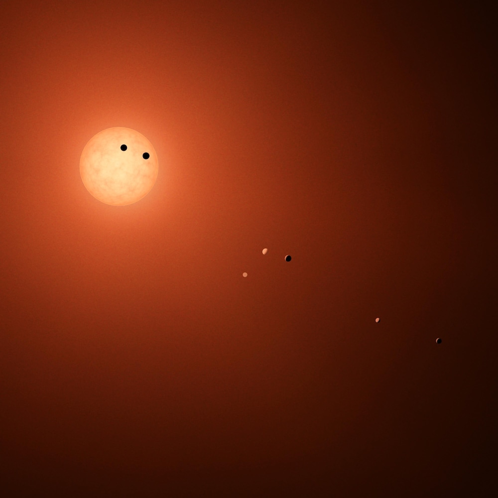 Illustration artistique montrant ce à quoi pourrait ressembler le système TRAPPIST-1 d'un point de vue extérieur.