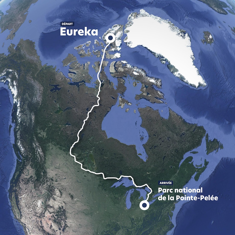 Trajet de l'expédition sur vue satellite du Canada