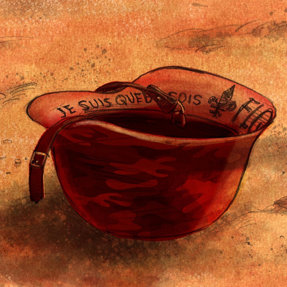 Illustration d'un casque d'armée avec une inscription à l'intérieur qui dit : "Je suis Québécois".