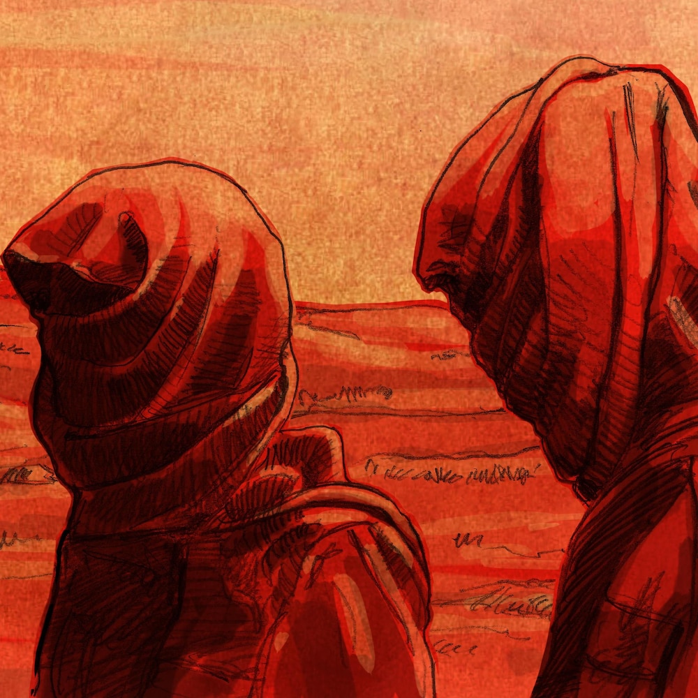 Illustration de deux hommes portant le keffieh.