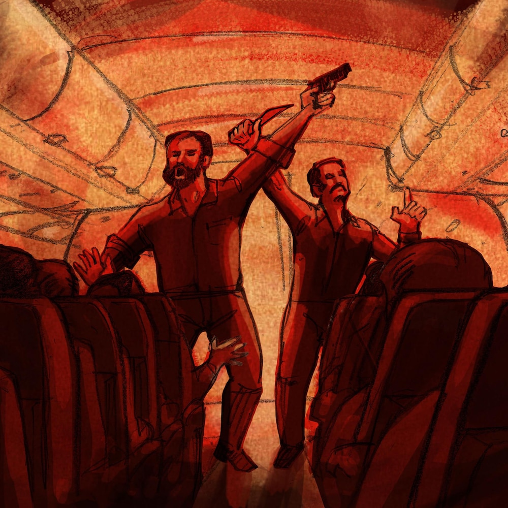 Deux hommes debout dans un avion crient et agitent un couteau et un revolver.