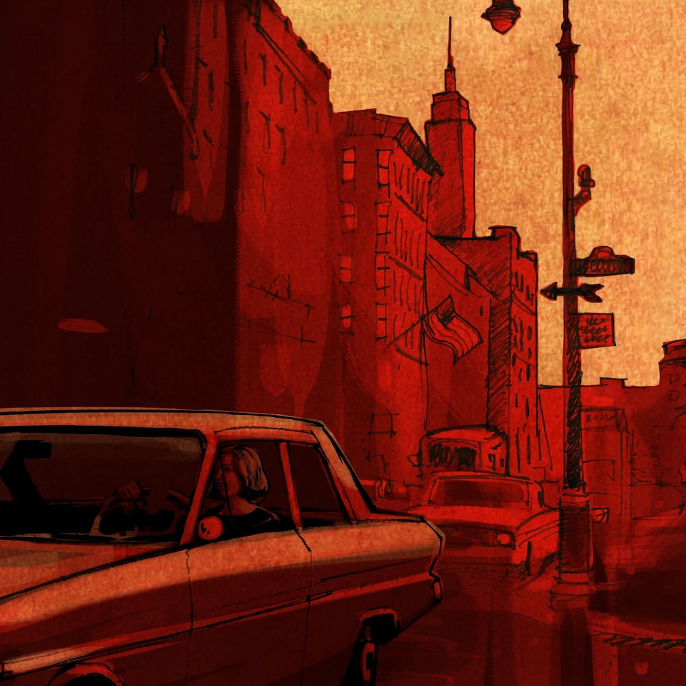 Illustration d'une voiture sur une rue où se dresse au loin l'Empire State Building.