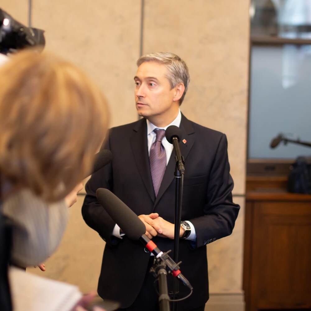 François-Philippe Champagne durant une mêlée de presse au parlement temporaire à Ottawa en février 2020.