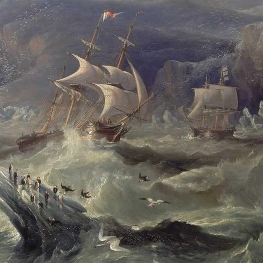 Les deux bateaux de l'expédition Franklin en peinture à l'huile, dans de hautes vagues