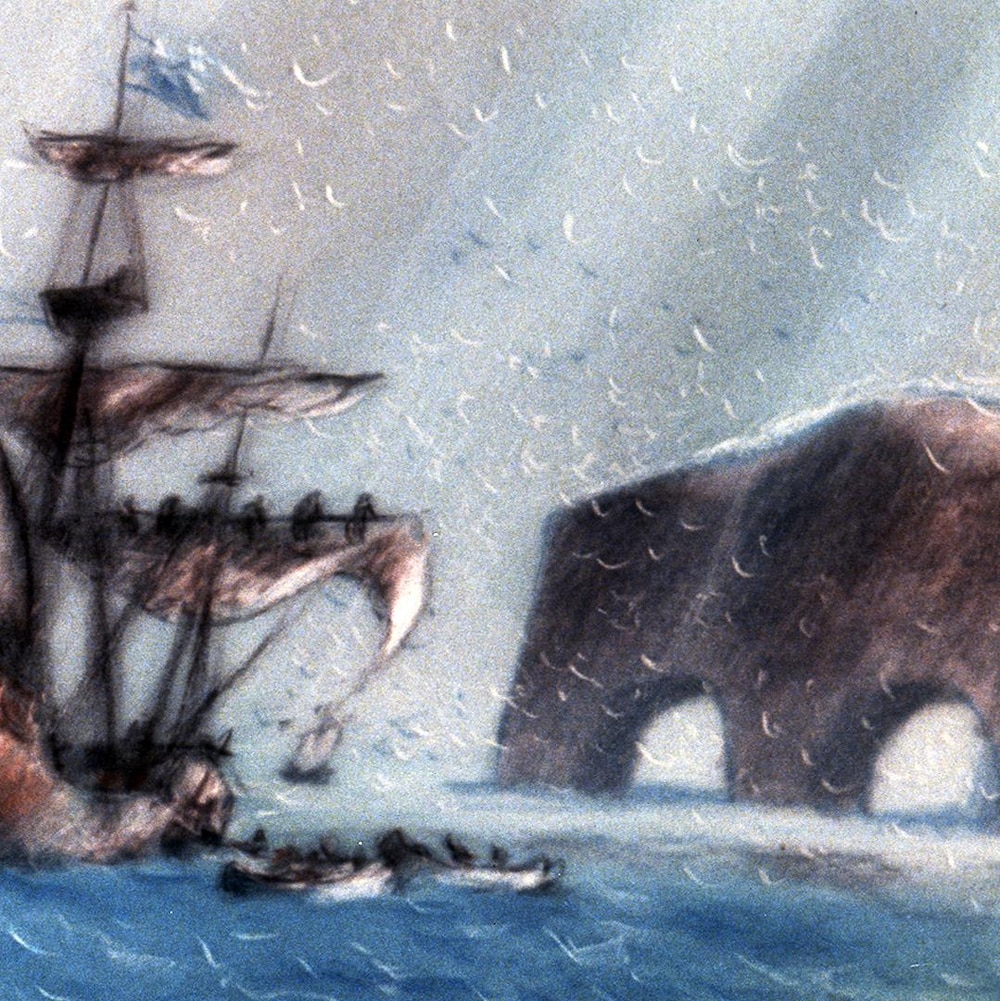 Illustration d'un voilier qui vogue près du rocher Percé, qui avait deux trous à l'époque.