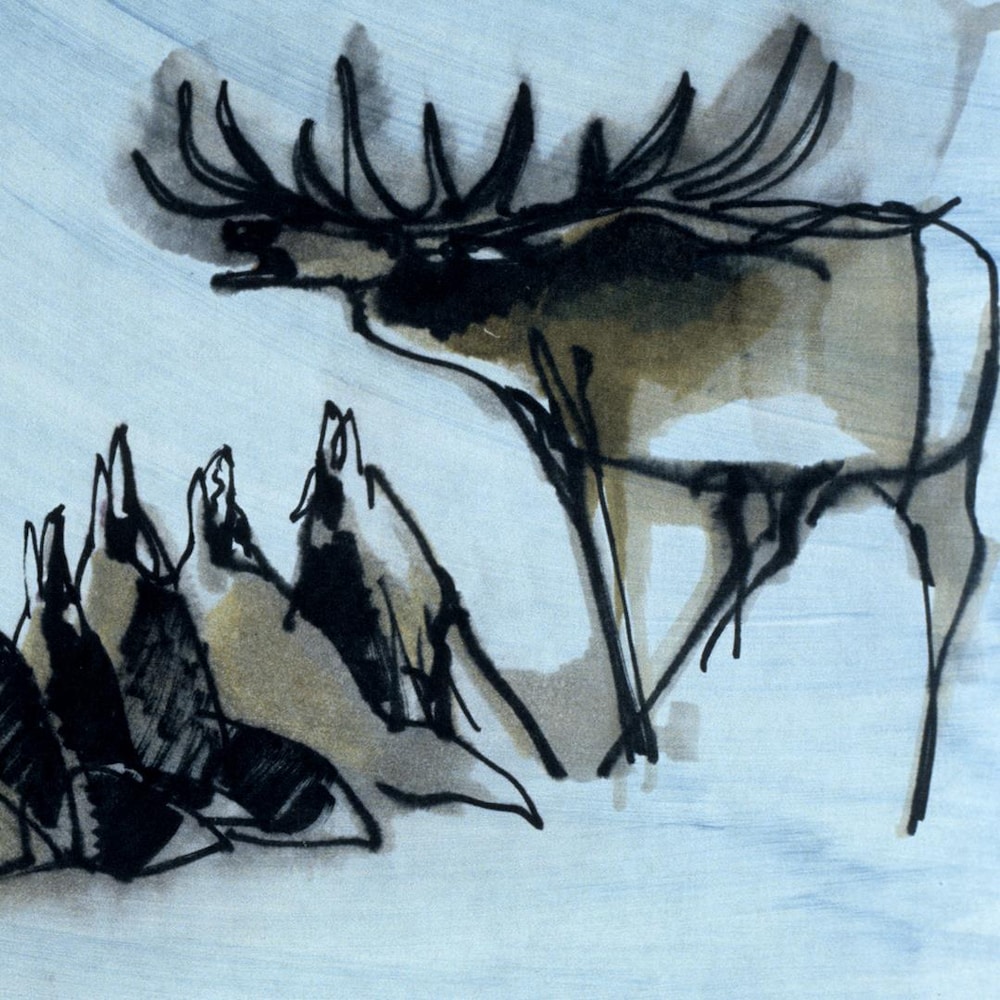 Illustration d'une meute de loups qui hurlent aux côtés d'un orignal.