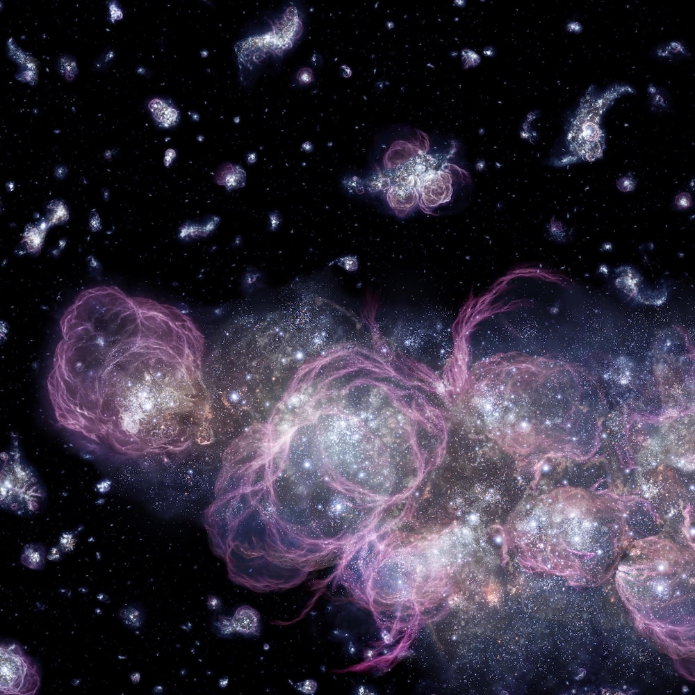 Illustration artistique de l’apparence qu'aurait pu avoir l'Univers moins d'un milliard d'années après le big bang, après l’apparition des premières étoiles et des galaxies primitives.