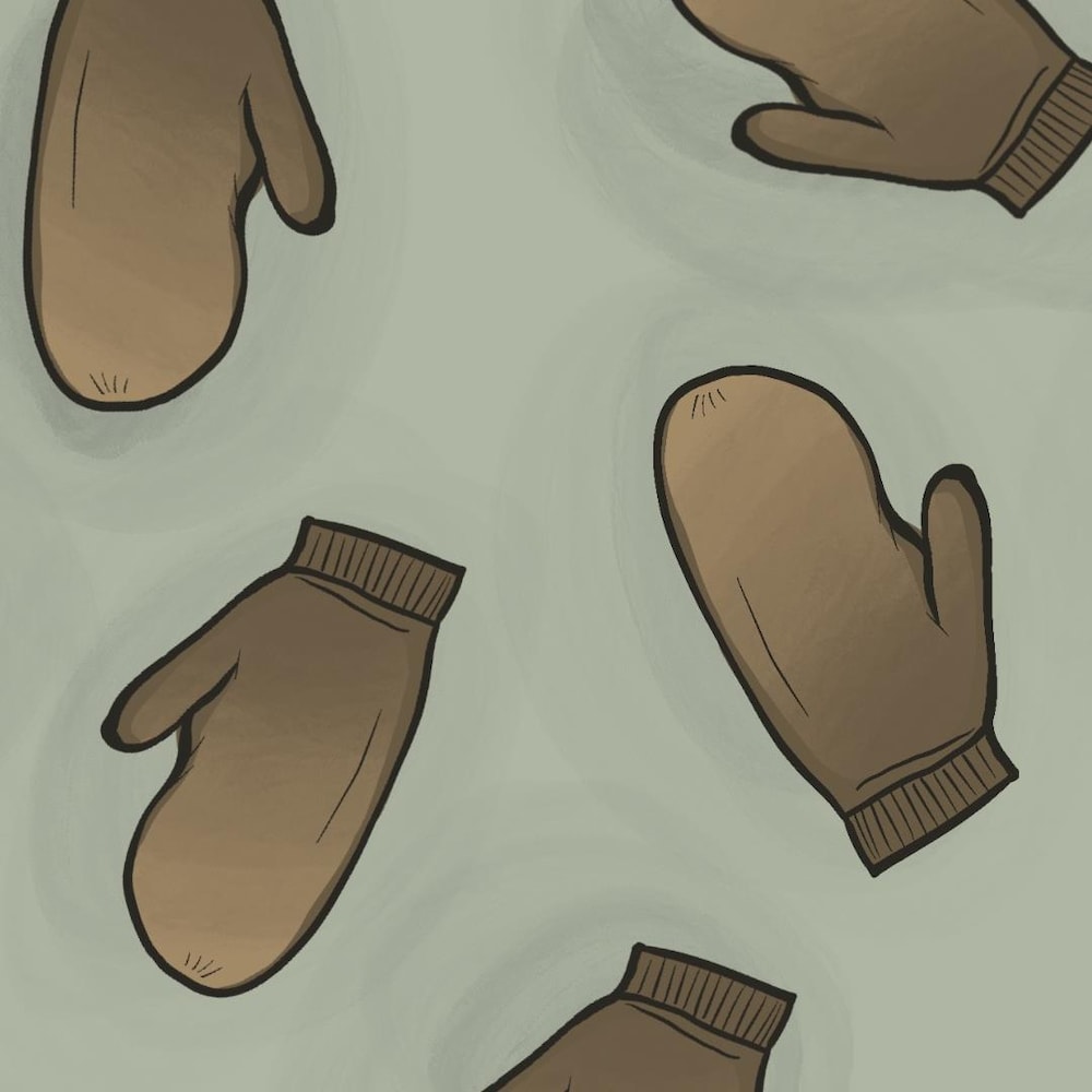 Illustration de mitaines brunes disparates, sur un fond turquoise.