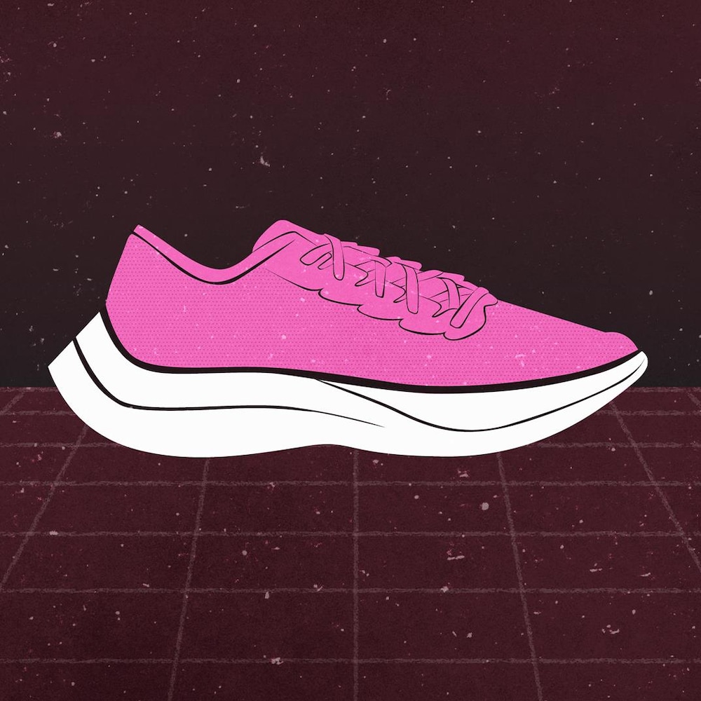 Illustration d'un soulier de marque Nike Vaporfly, sur un fond futuriste. 