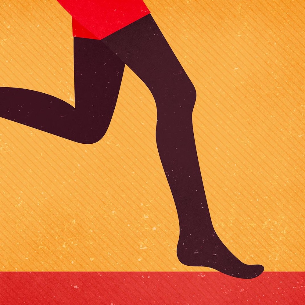 Illustration d'une silhouette de jambes qui courent, sur fond jaune et rouge.