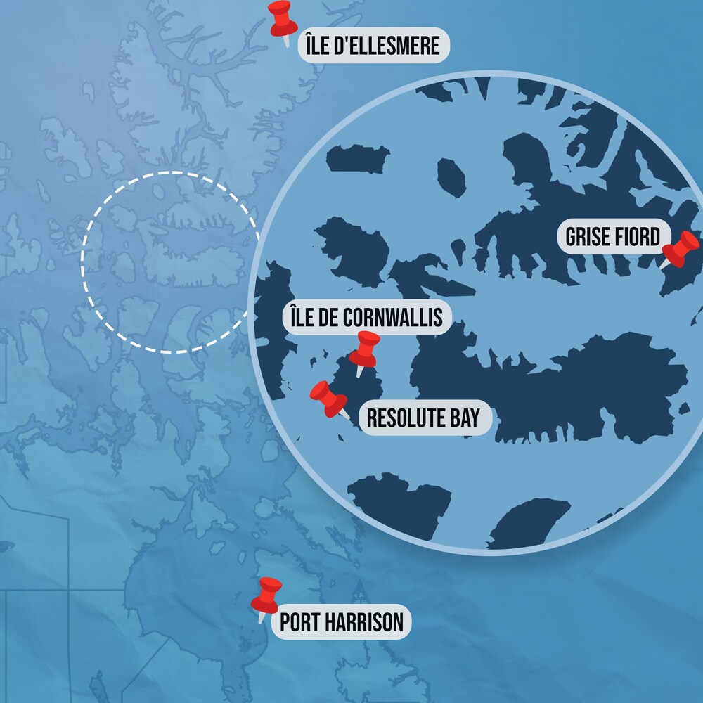 Carte indiquant la localisation de Grise Fiord, l'île d'Ellesmere, de Port Harrison, de l'île de Cornwallis et de Resolute Bay.