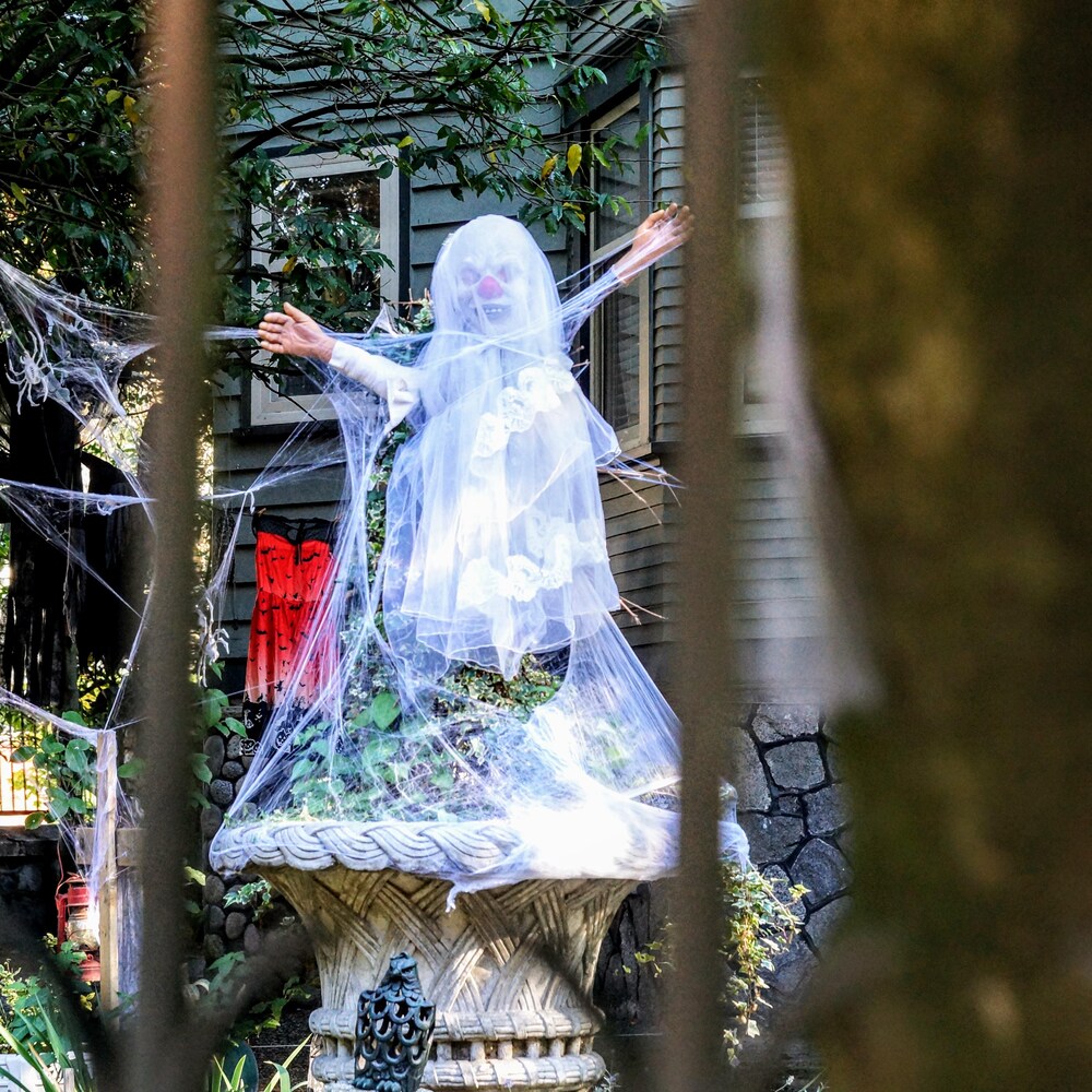 Le jardin d'une maison est décoré pour halloween.