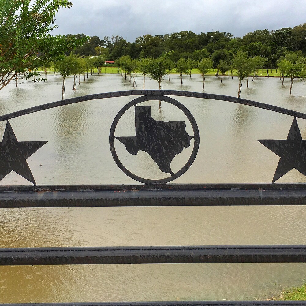 Un terrain clôturé au Texas est inondé à la suite du passage de l'ouragan Harvey.
