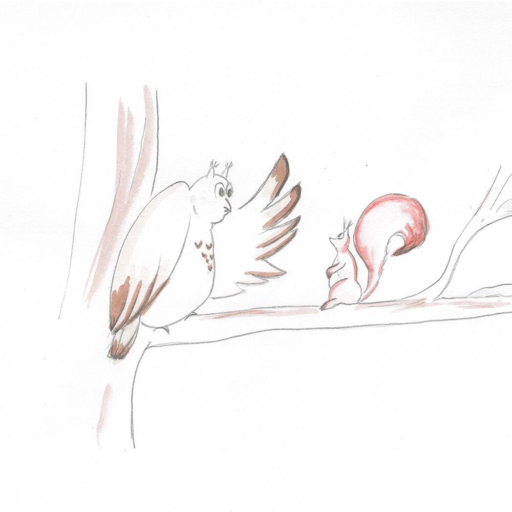 Un dessin de hibou et d'écureuil sur une branche