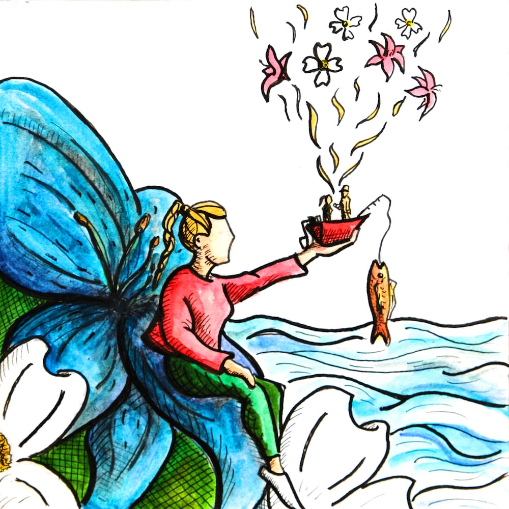 Illustration d'une fille assise sur une fleur géante qui tient un bateau dans sa main avec deux personnes dedans, des fleurs s'échappent de leur conversation.