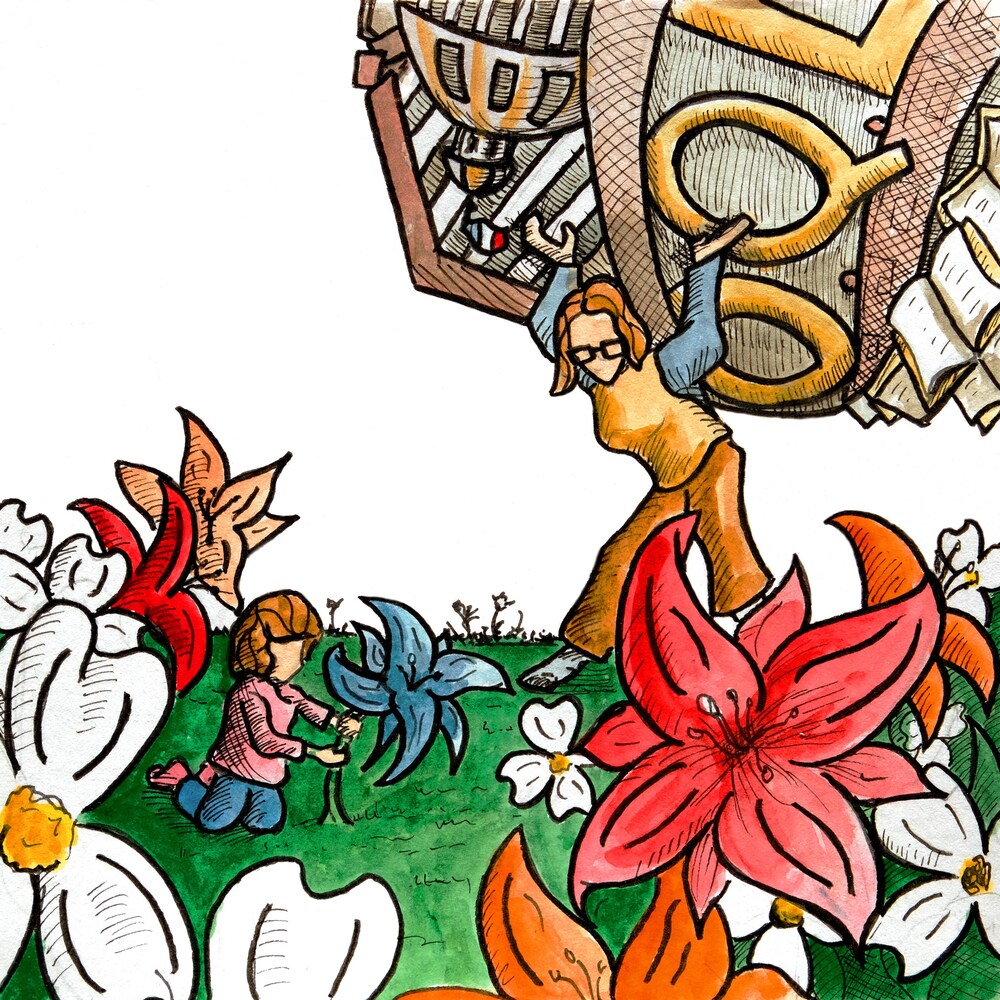 Illustration d'une personne qui porte sur son dos une cathédrale avec un drapeau français, une petite fille cueille une fleur.