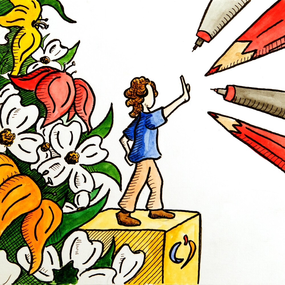 Illustration d'un garçon qui tend sa main pour contrer des stylos géants, derrière lui des fleurs qu'il protège.