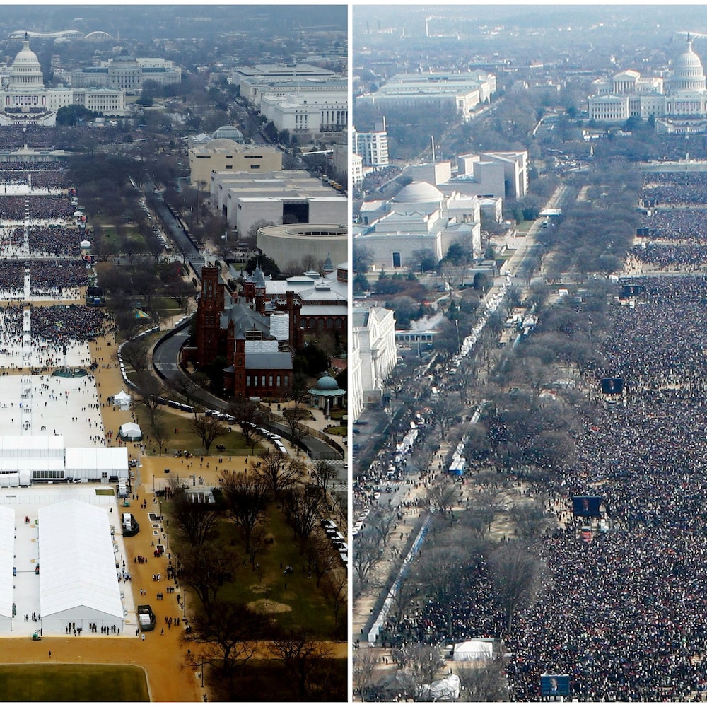 Photo de gauche : une foule assiste à la cérémonie d'investiture de Donald Trump devant la Maison-Blanche, à Washington, mais à plusieurs endroits, la foule est parsemée. À droite : la même prise de vue montre une foule beaucoup plus grande pour celle de son prédécesseur. 