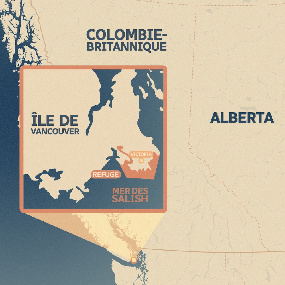 Carte indiquant l'emplacement du refuge du Havre-de-Victoria, à la pointe sud de l'île de Vancouver.