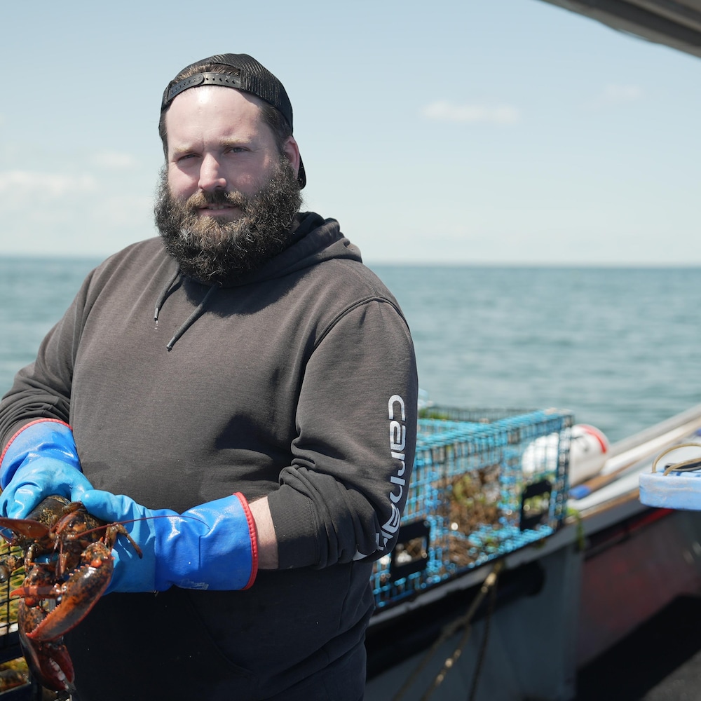 Un pêcheur tient un homard dans ses mains.
