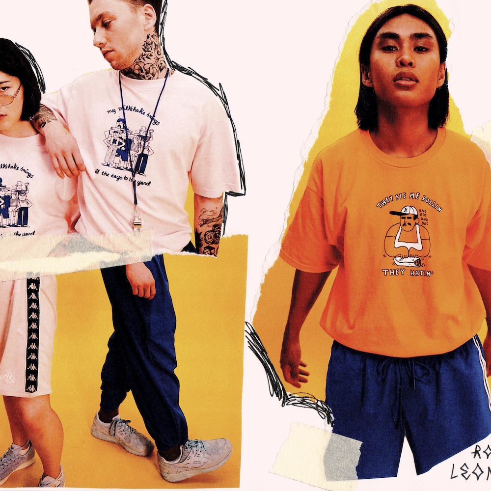 Un collage de photographies montre des modèles posant avec des t-shirts de Kantine.