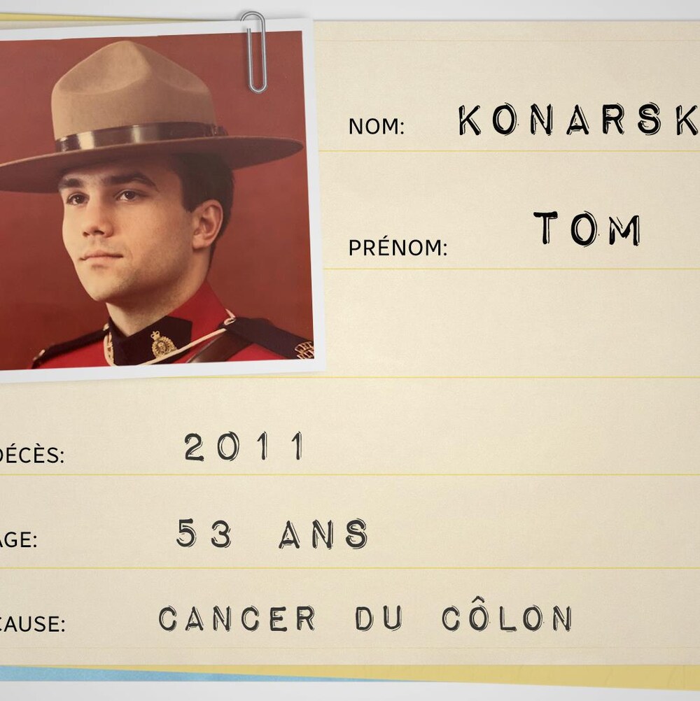 Fiche médicale ayant les informations suivantes : Nom : Tom Konarski; Décès : 2011; Âge : 53 ans; Cause: Cancer du côlon