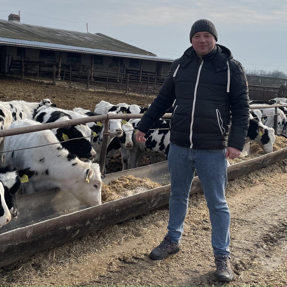 Andrij Pastushenko à l'extérieur de l'étable avec des vaches laitières.