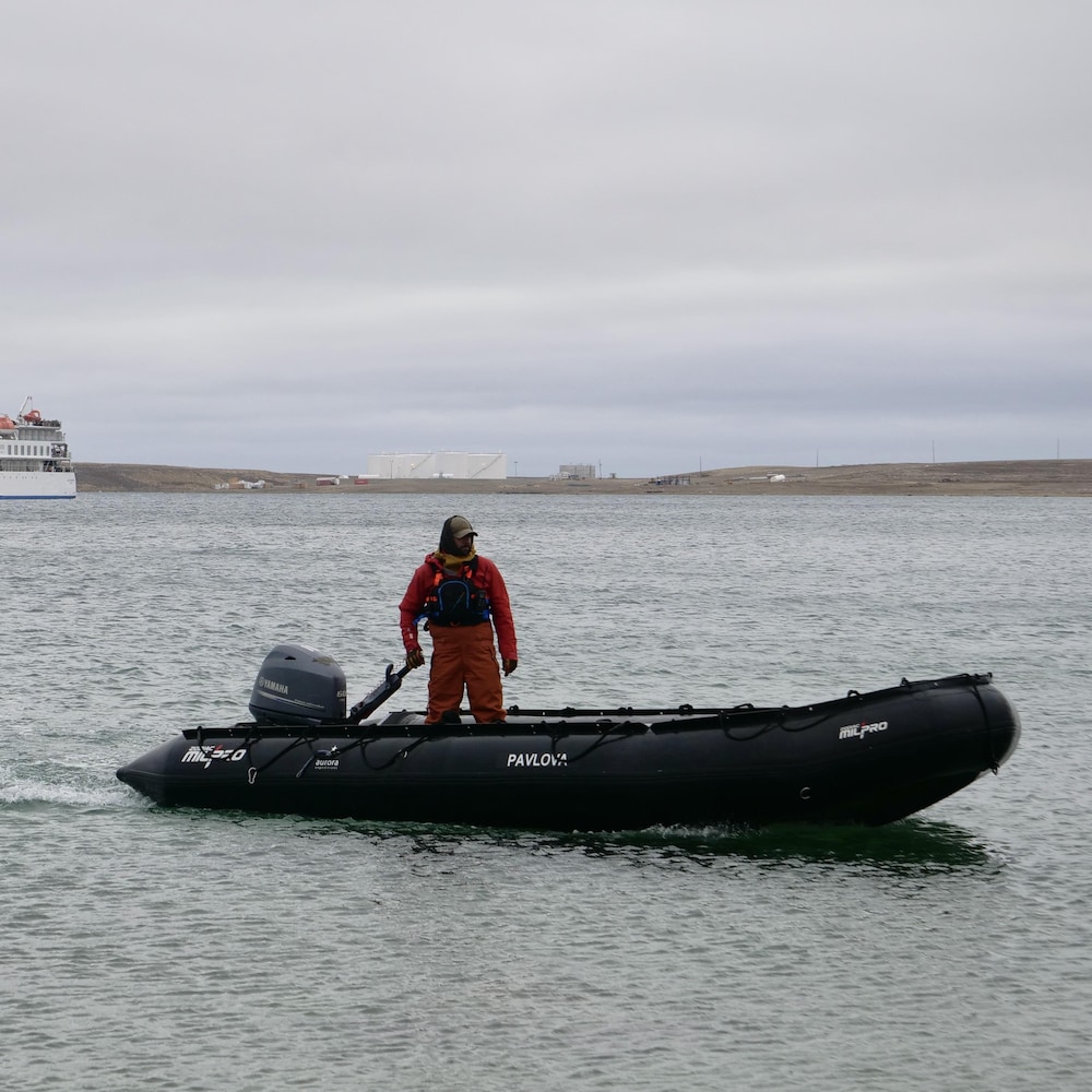 Un bateau pneumatique conduit par un guide, au loin un bateau de croisière pas trop loin de la côte en septembre à Cambridge Bay.