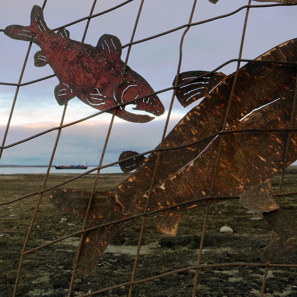 Une grille avec des poissons en métal devant la baie de Cambridge Bay, en septembre 2022.
