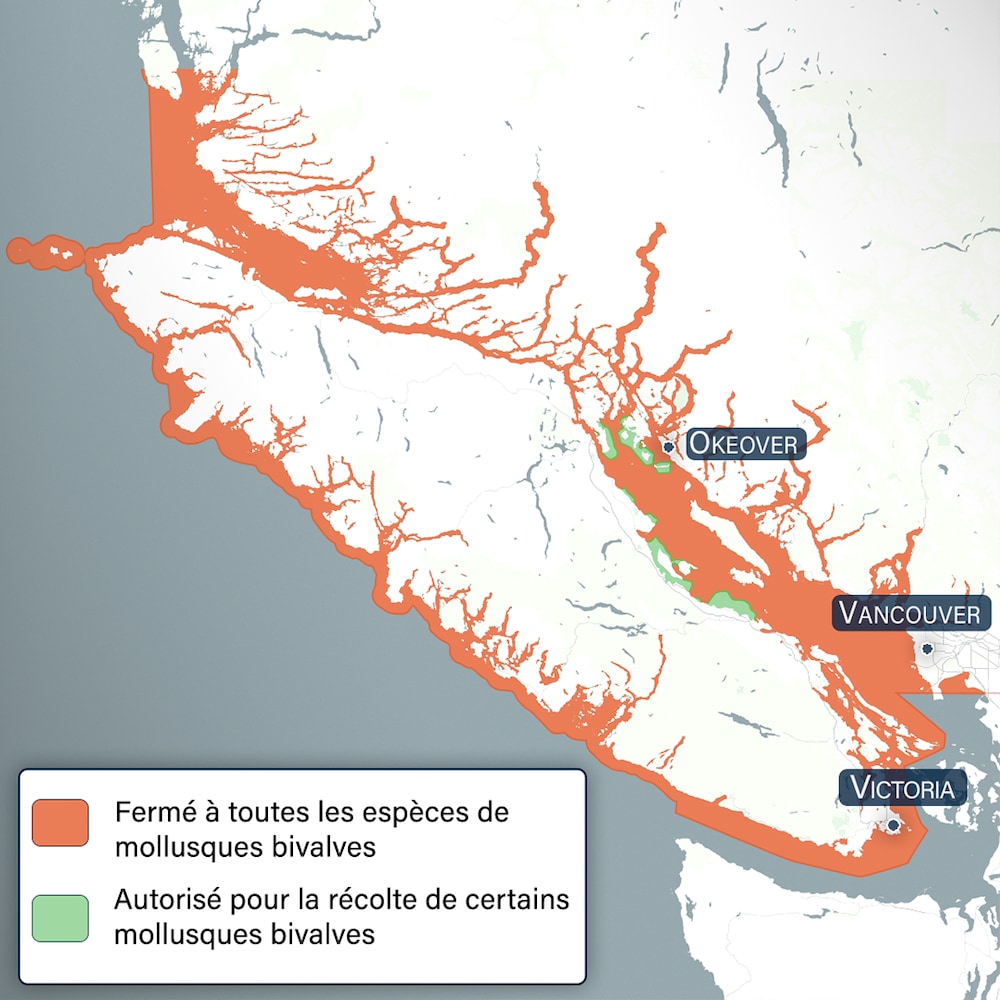Carte de l'île de Vancouver montrant les zones fermées à la pêche aux huîtres. 
