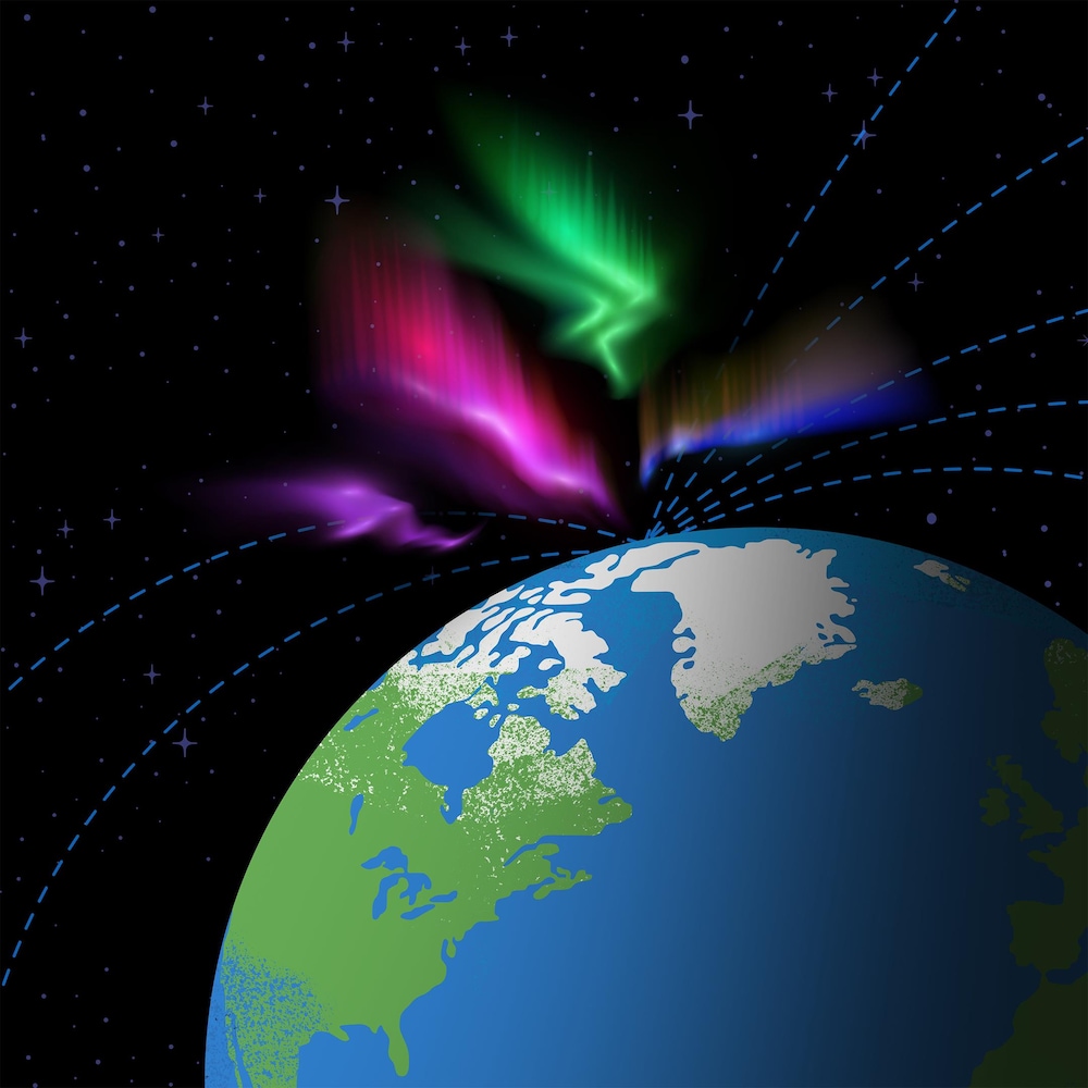Illustration de la terre vue de l'espace avec des lignes qui se dirigent vers le pôle Nord et des aurores boréales dans le ciel.