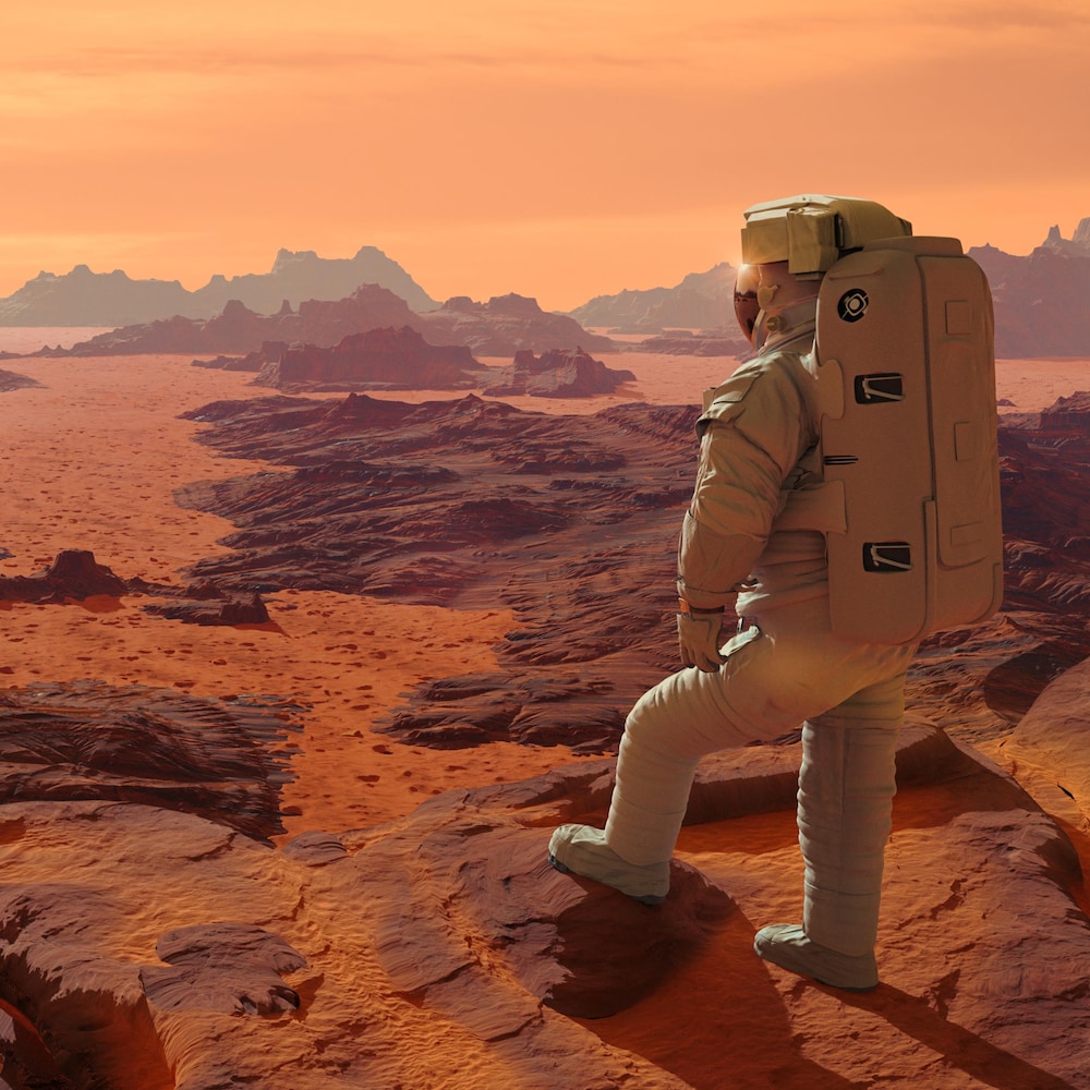Un astronaute regarde l'horizon à la surface de Mars.