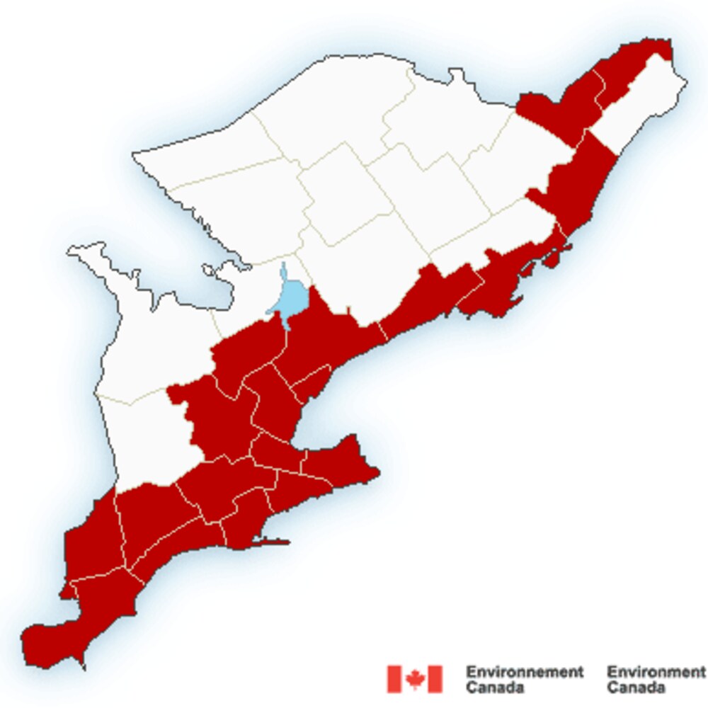 Carte des avertissements de chaleur en vigueur pour le Sud de l'Ontario lundi. 