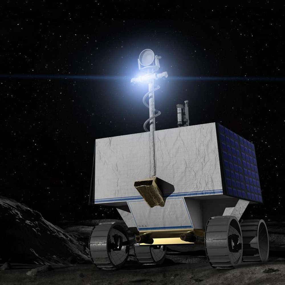 Un véhicule astromobile cubique monté sur quatre roues se déplace sur la surface de la Lune.