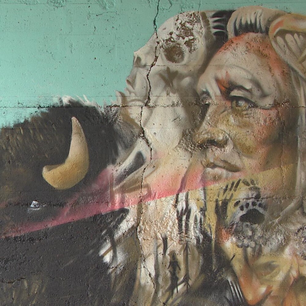 Murale coloré représentant un bison aîné superposé à un jeune bison