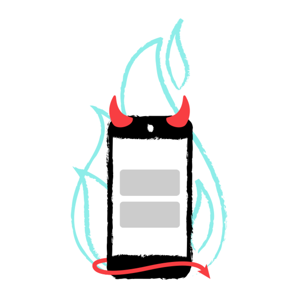 Un téléphone cellulaire avec des cornes et une queue de démon, devant une flamme.