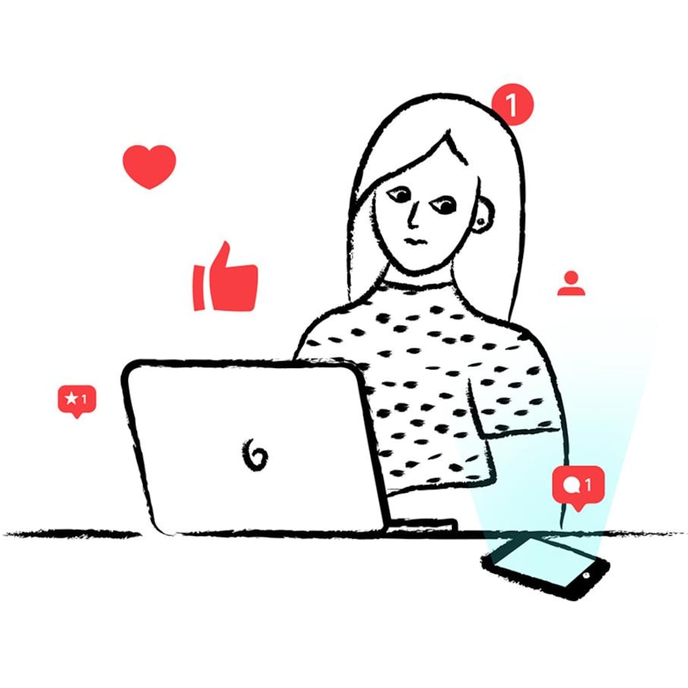 Une femme est sur son ordinateur, mais elle est distraite par plusieurs notifications et alertes.