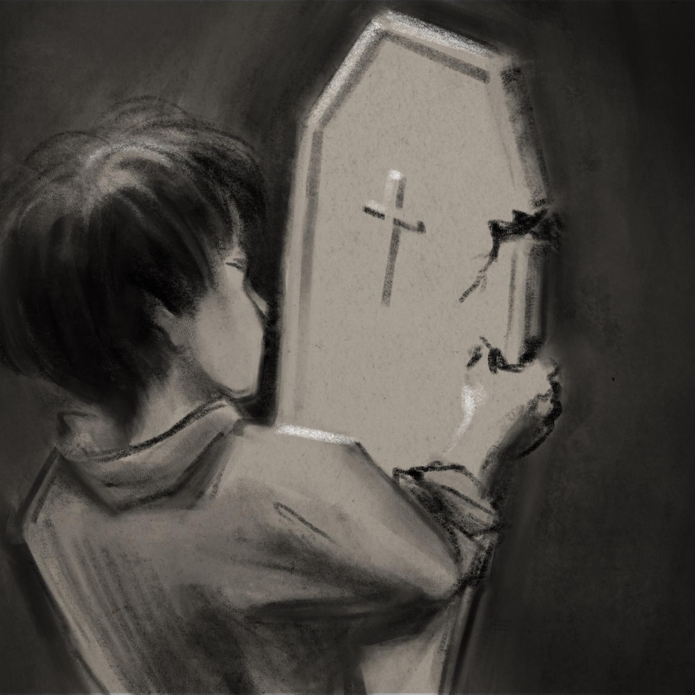 Dessin d'un enfant tenant la porte d'un cercueil dans ses mains.