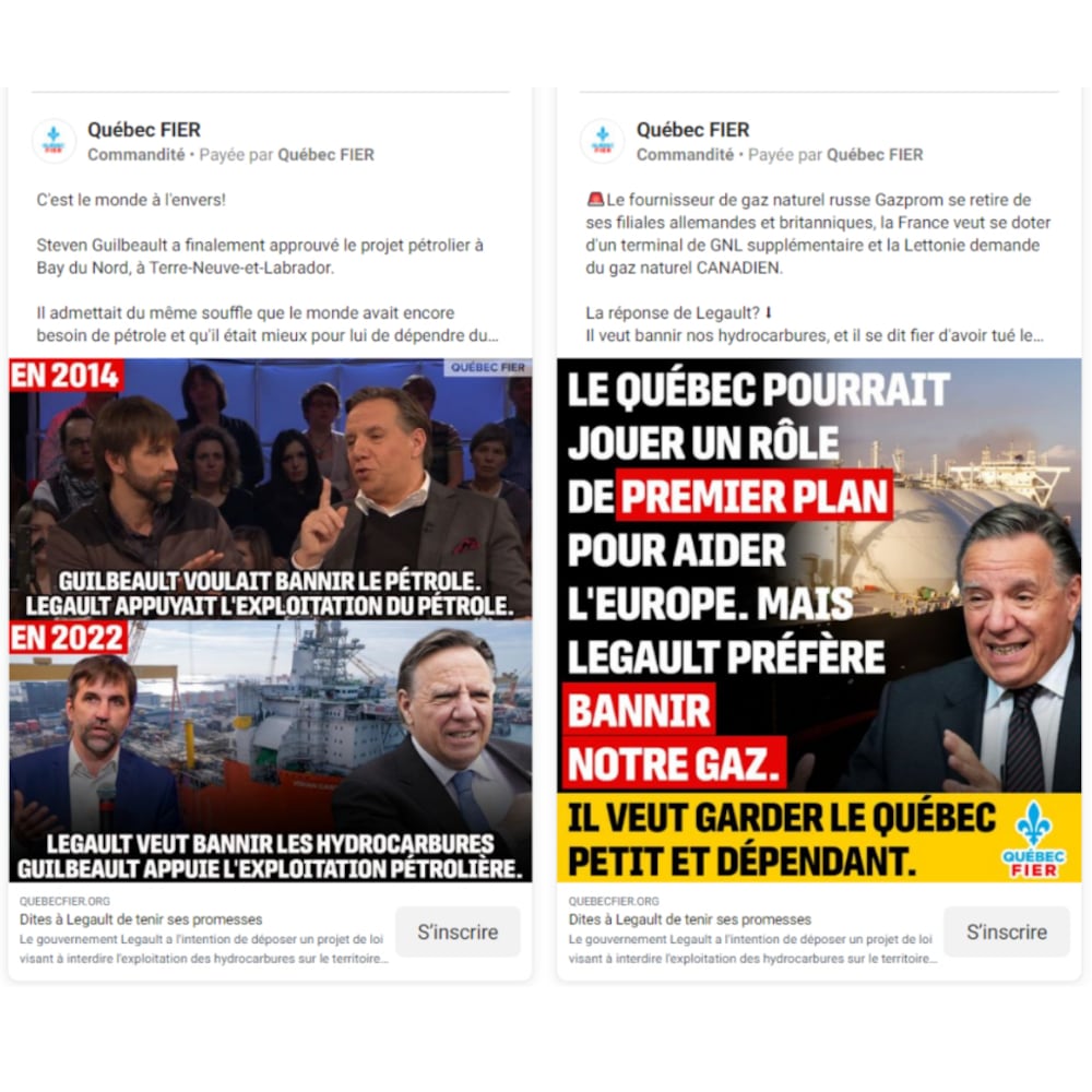 Un échantillon de publicités Facebook pro-hydrocarbures de Québec Fier qui mettent en vedette divers mèmes.