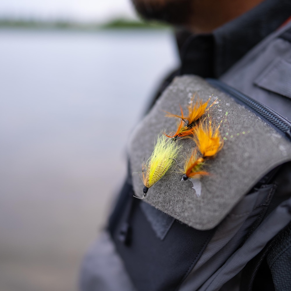 Des mouches de pêche sur une veste.