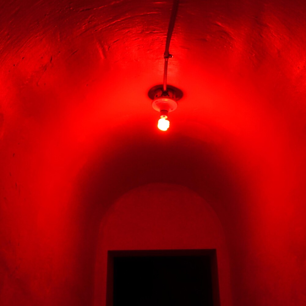 Un plafond arrondi éclairé par une ampoule rouge indigo.