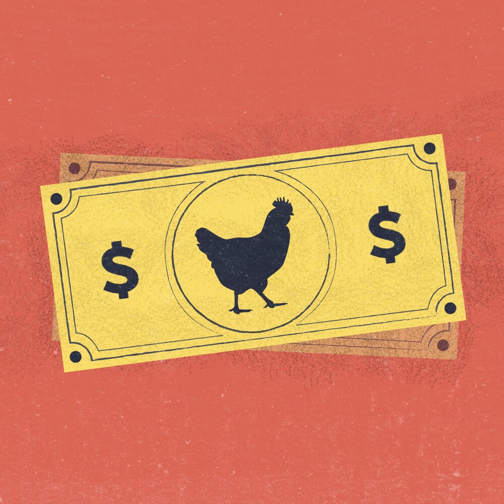 Illustration d'un billet de banque imaginaire sur lequel se trouve une silhouette de poulet. 