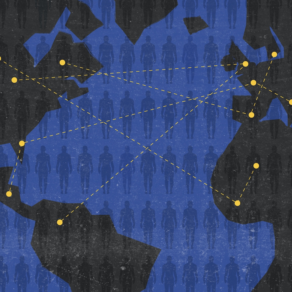 Illustration d'une carte du monde avec différents points reliés entre eux. 