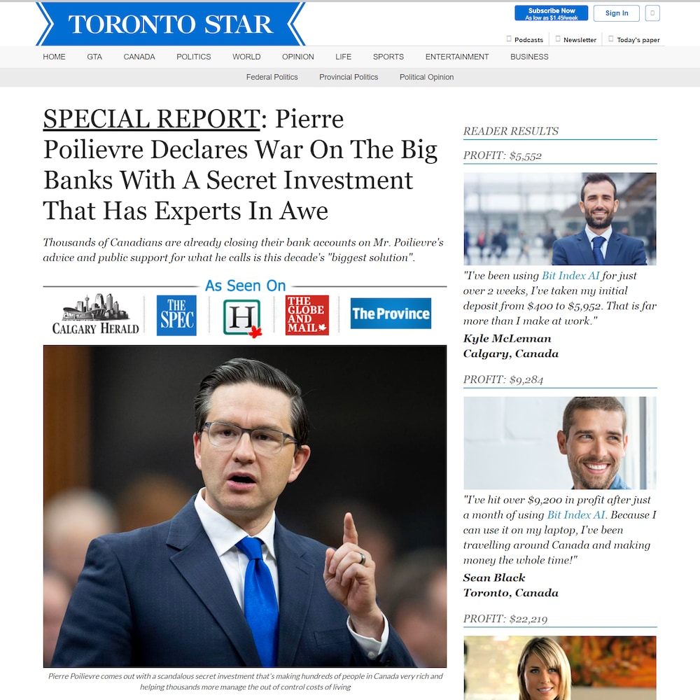 Un faux article du Toronto Star mettant en scène le chef du Parti conservateur du Canada, Pierre Poilievre.