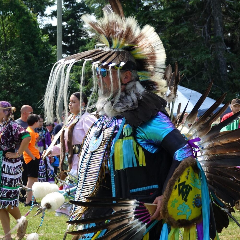 Un danseur en habit traditionnel fait de plumes et de perles.